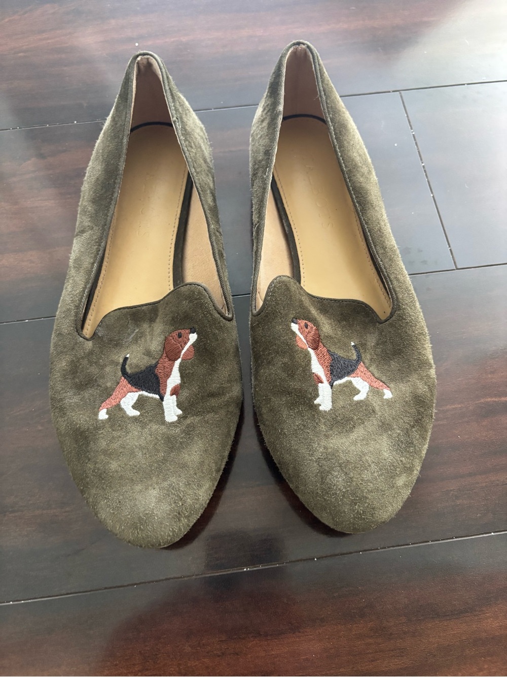 Talbots Olive Suede Loafers with Embroidered Beagle